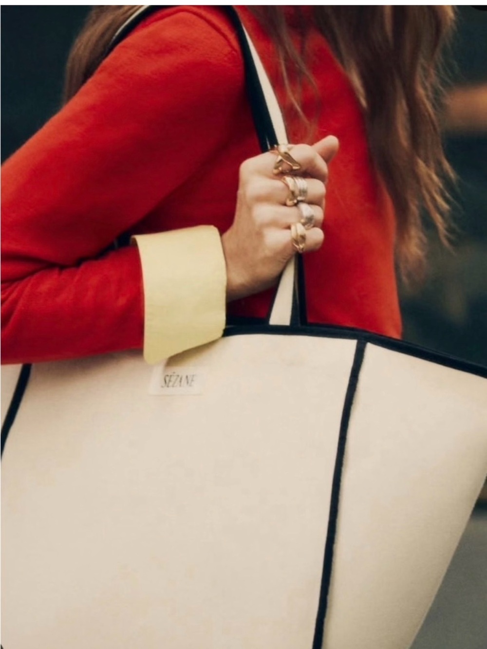 Sézane Cream Tote with Black Trim